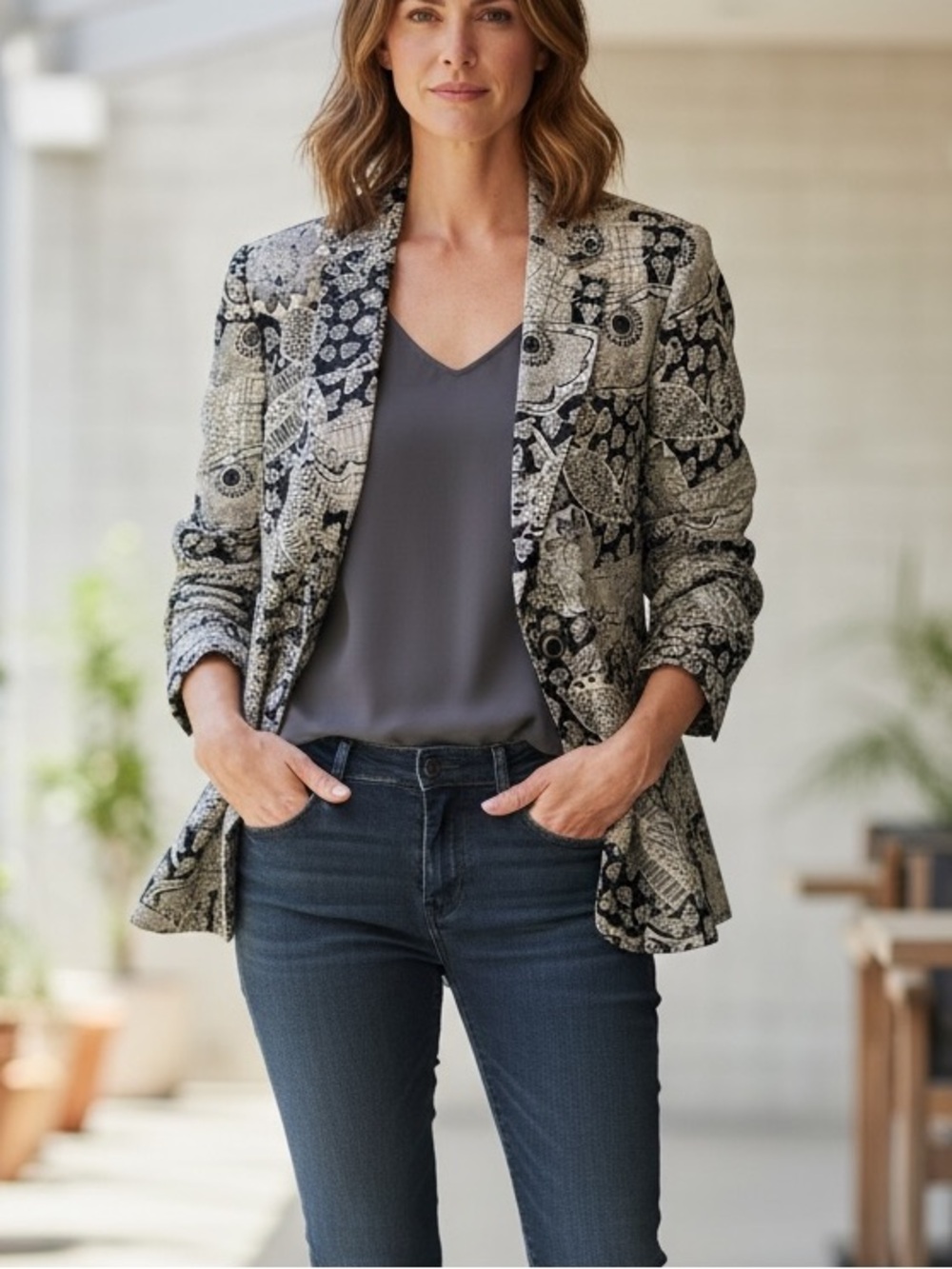 JH Collectibles Black Blazer with Cream Paisley Print